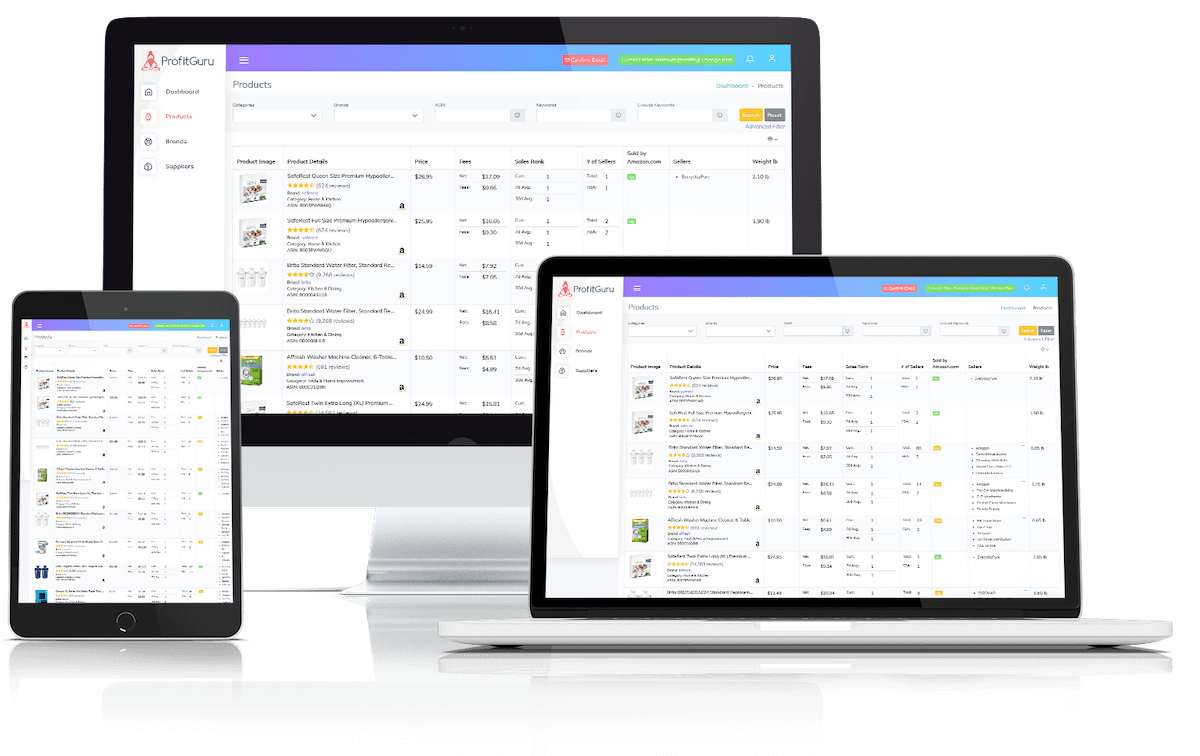 ProfitGuru research platform shown on desktop, laptop and tablet devices