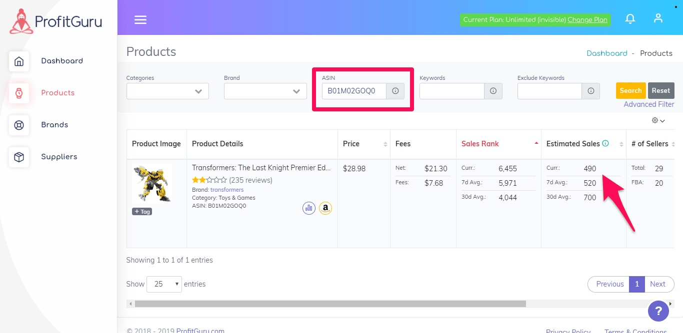 ProfitGuru Products search screen with an ASIN search field and estimated sales highlighted
