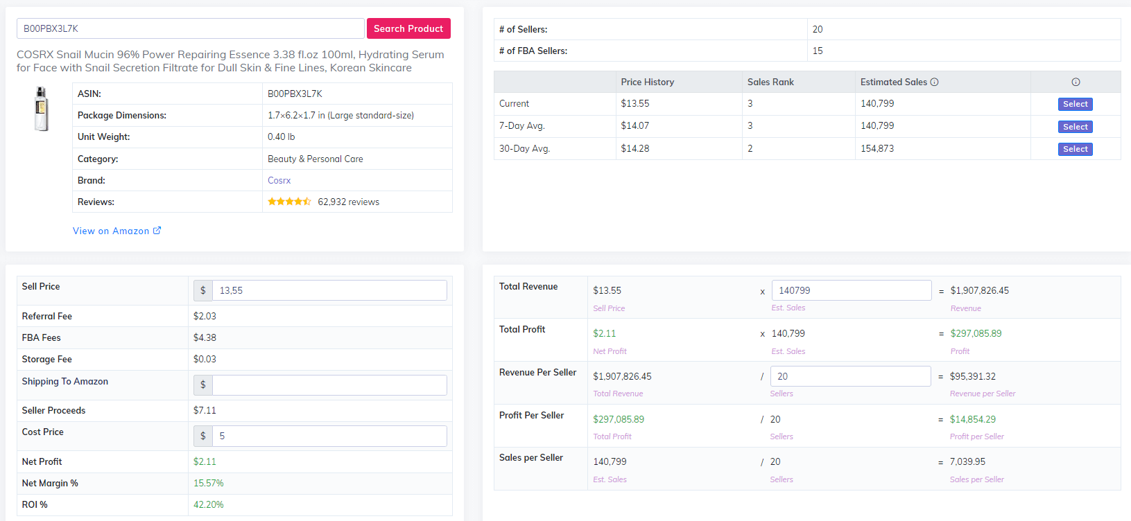 ProfitGuru FBA profit calculator breaking down fees, seller proceeds, net margin and estimated revenue